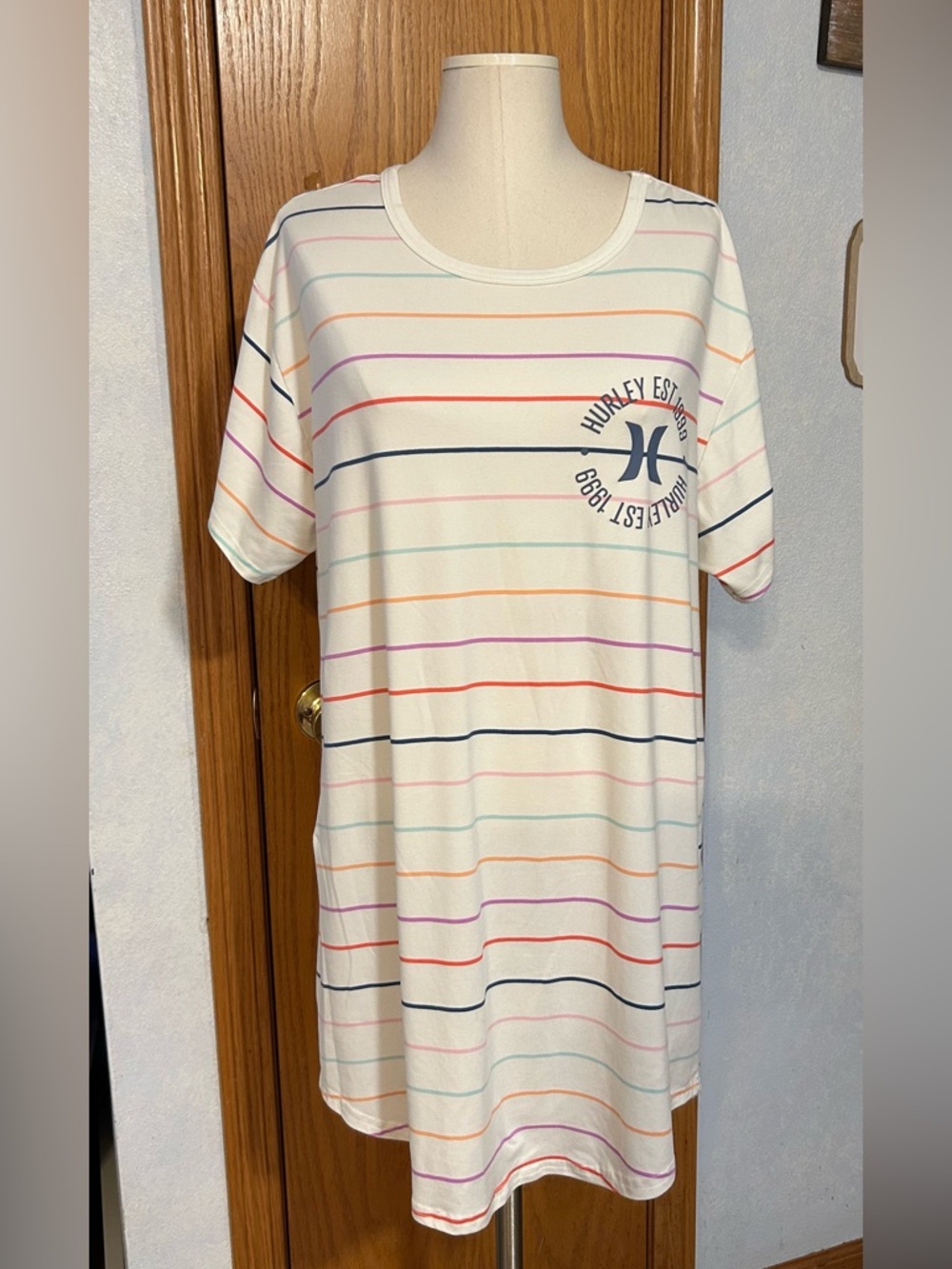 Hurley White Tee Dress with Multi Colored Stripes